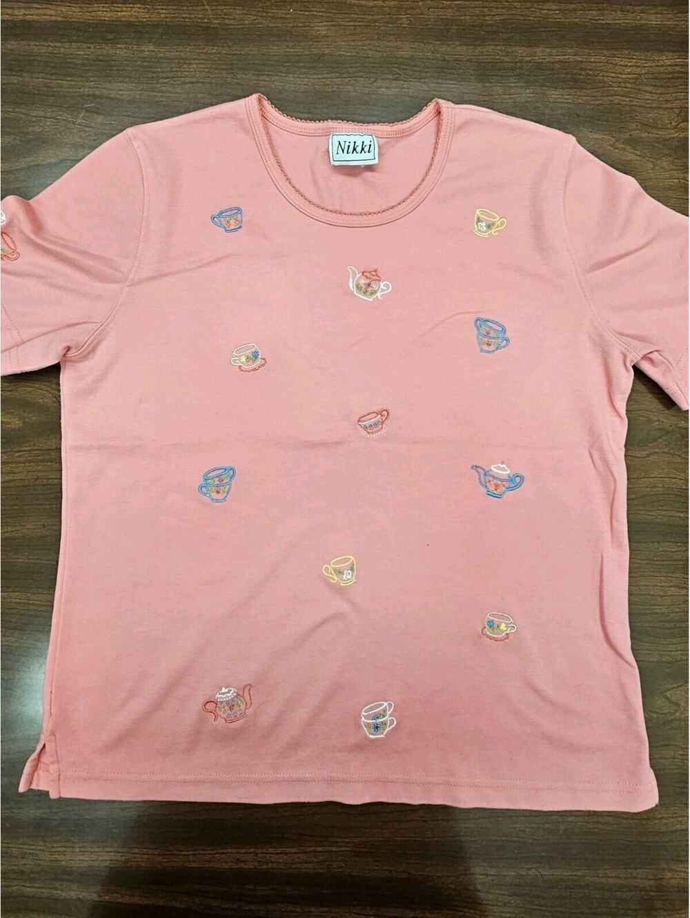 NIKKI Pink T-Shirt with Embroidered Teacup Shirt womens short sleeve casual tee